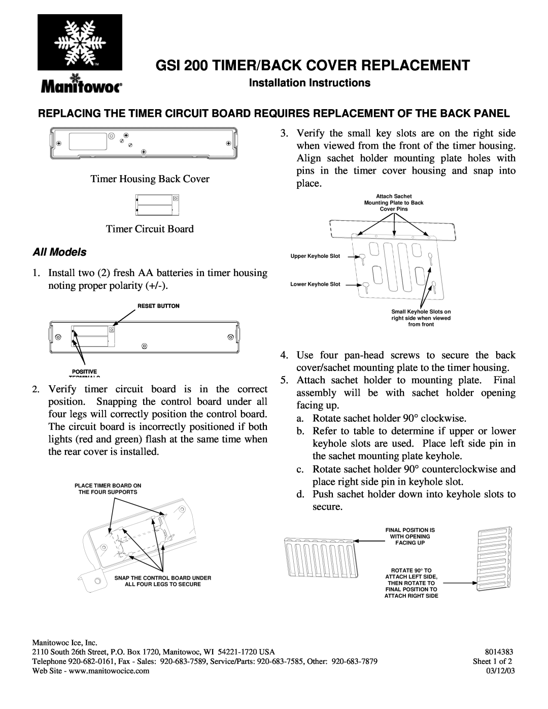Manitowoc Ice installation instructions GSI 200 TIMER/BACK COVER REPLACEMENT, Installation Instructions, All Models 