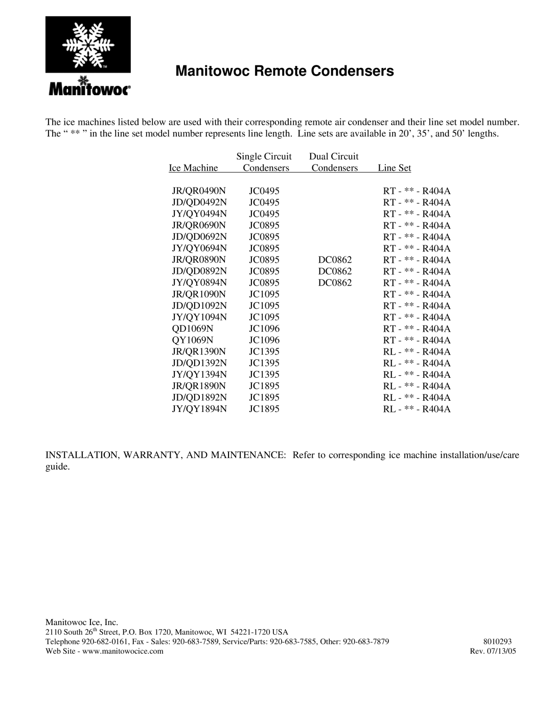 Manitowoc Ice JR/QR0490N warranty Manitowoc Remote Condensers, Manitowoc Ice, Inc 