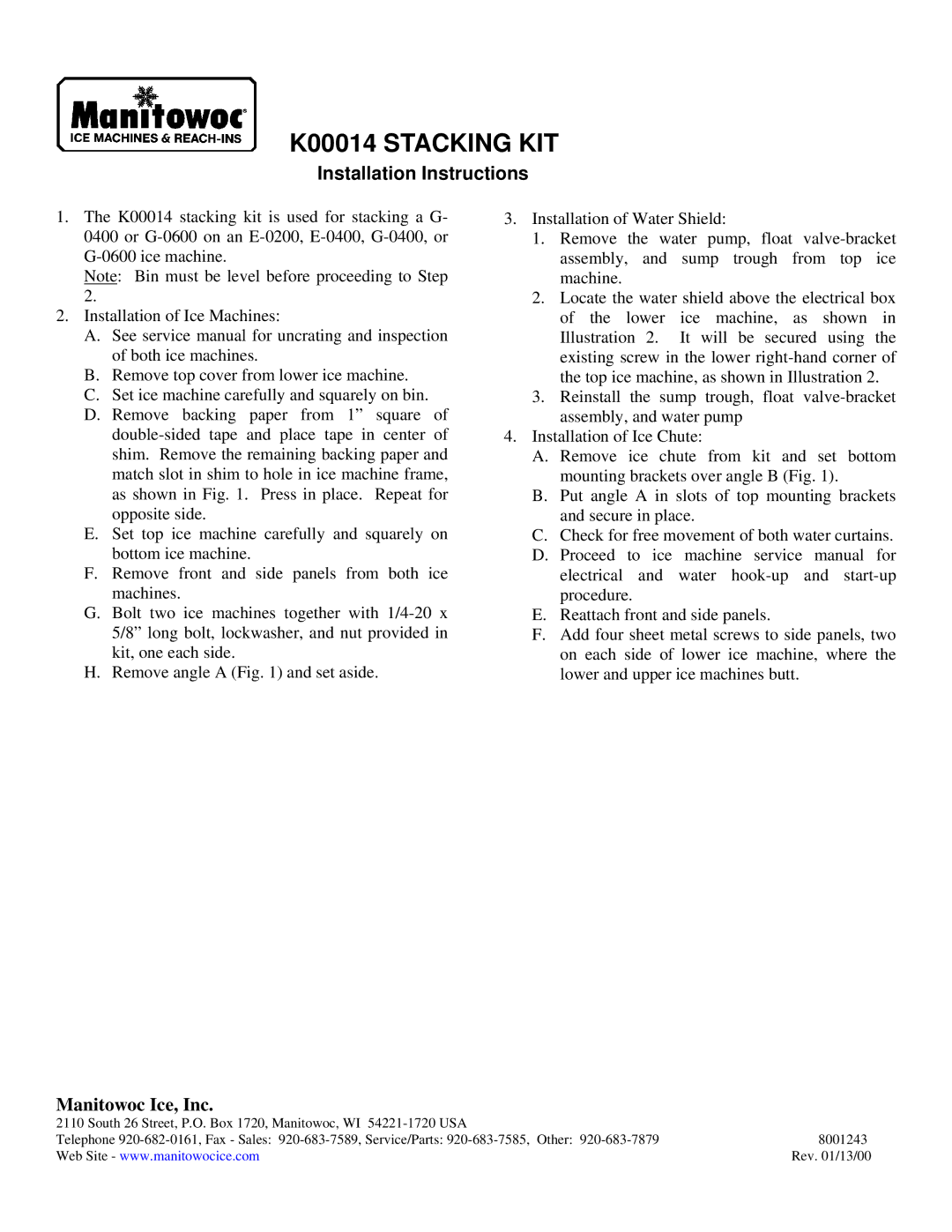 Manitowoc Ice installation instructions K00014 Stacking KIT, Installation Instructions, Manitowoc Ice, Inc 