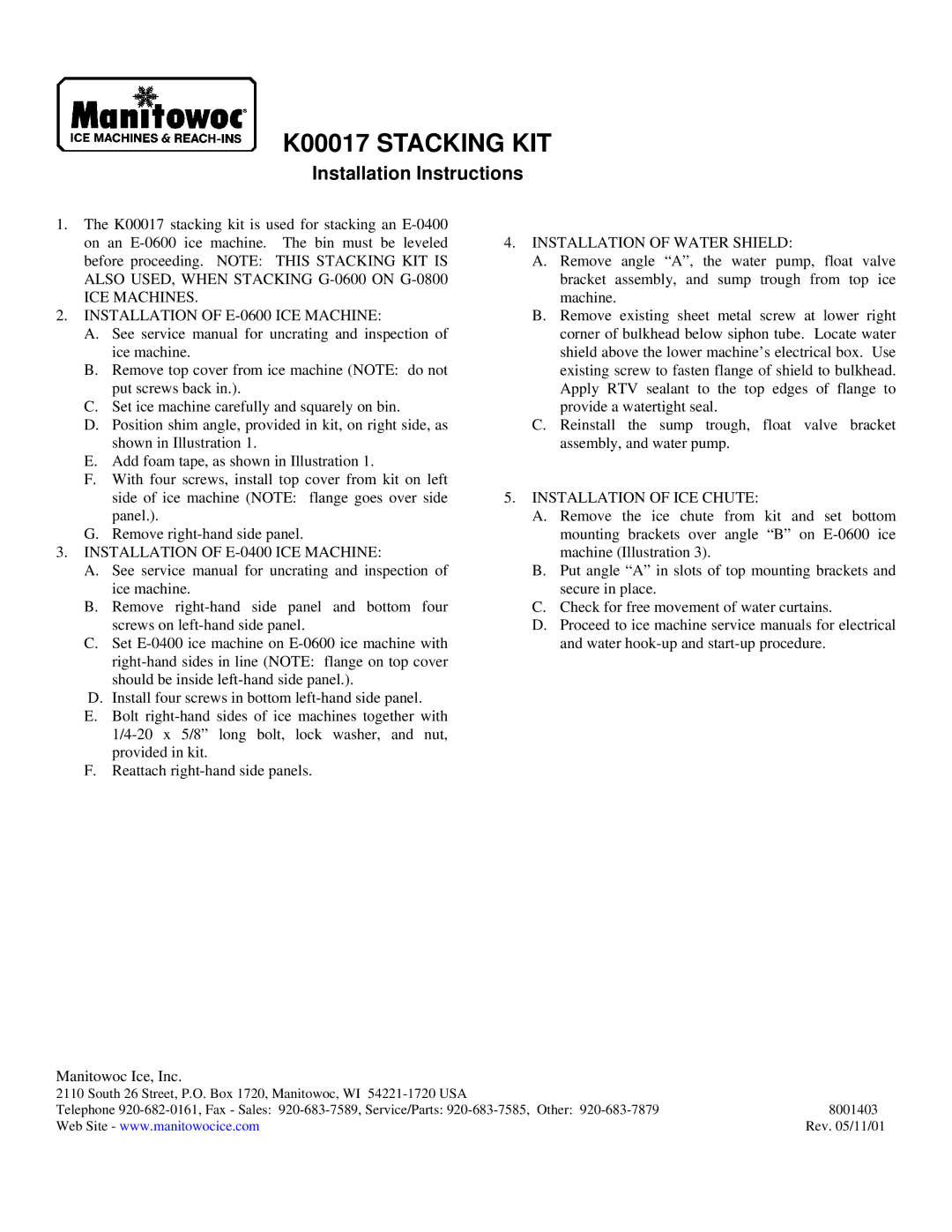 Manitowoc Ice installation instructions K00017 Stacking KIT, Installation Instructions 