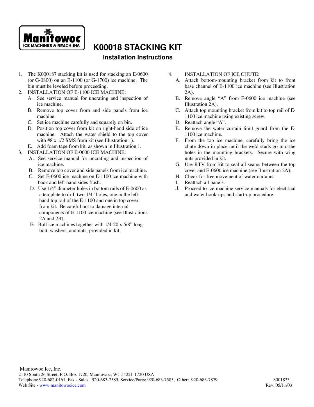 Manitowoc Ice K000187 installation instructions K00018 Stacking KIT, Installation Instructions, Installation of ICE Chute 