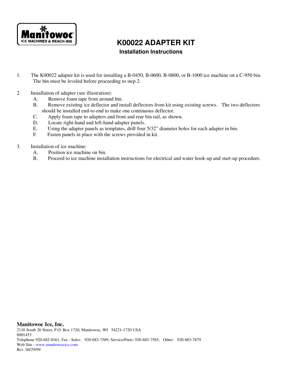 Manitowoc Ice installation instructions K00022 Adapter KIT, Installation Instructions 