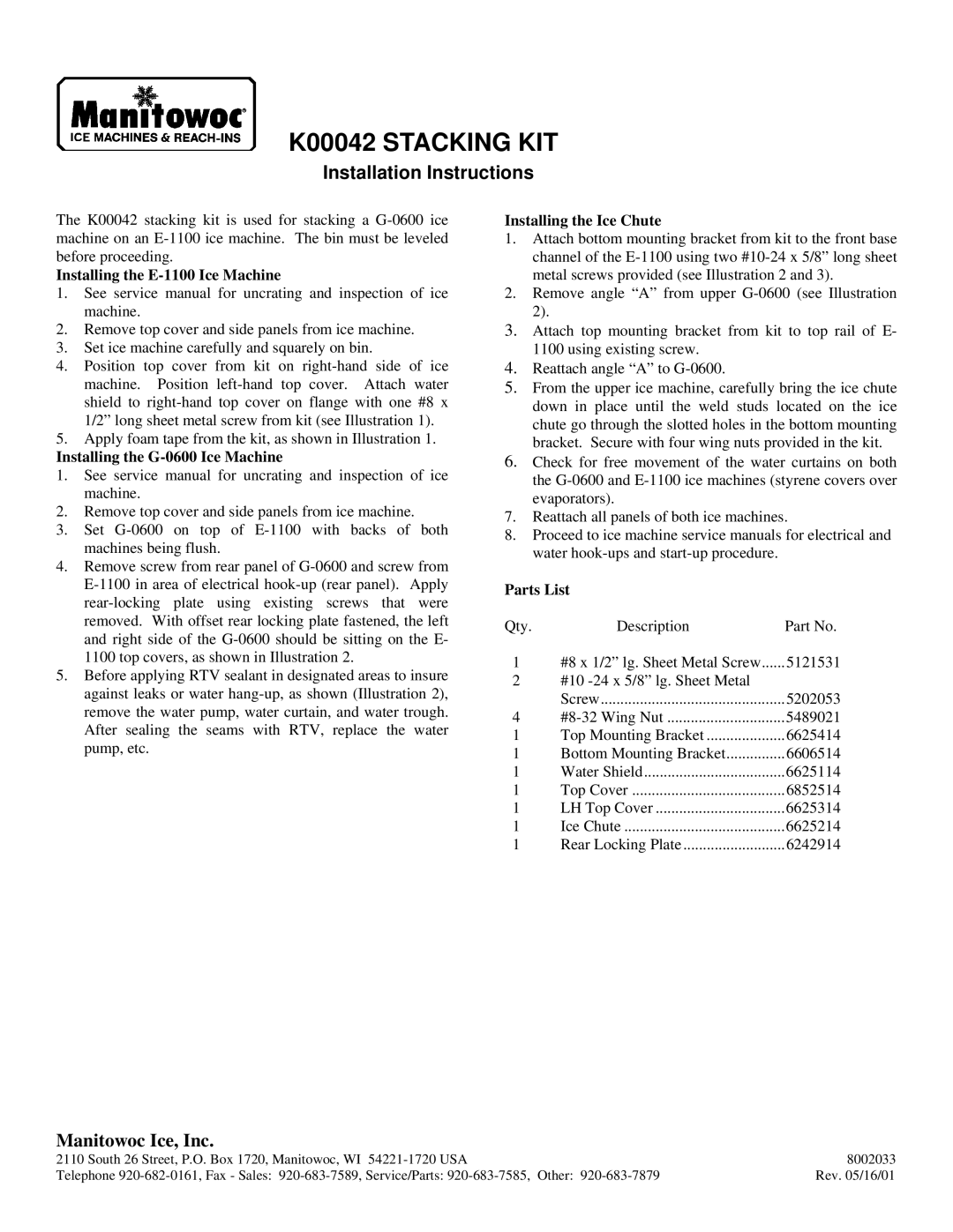 Manitowoc Ice installation instructions K00042 Stacking KIT, Installation Instructions, Manitowoc Ice, Inc 