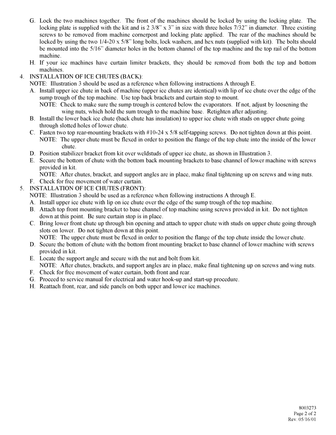 Manitowoc Ice K00044 installation instructions Installation of ICE Chutes Back, Installation of ICE Chutes Front 