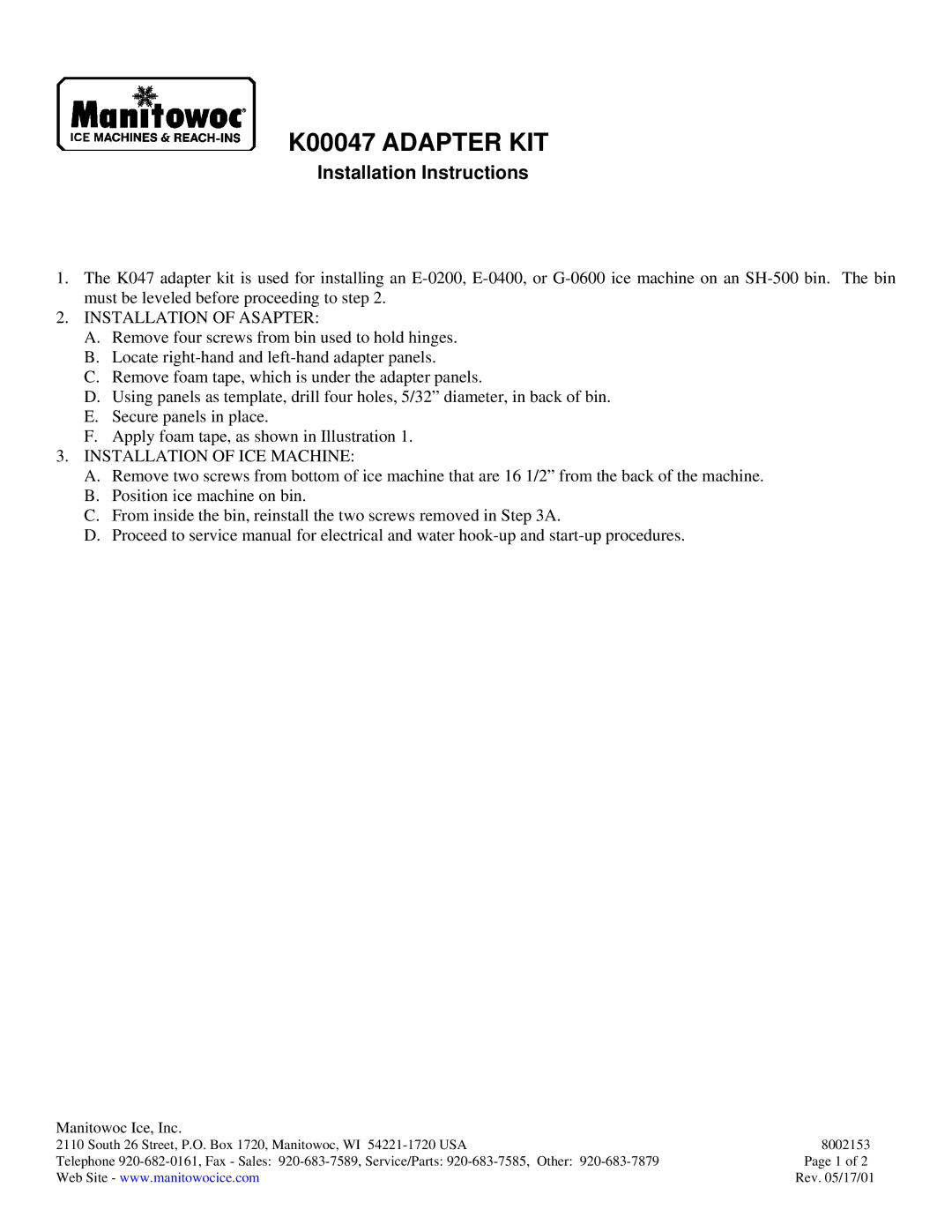 Manitowoc Ice installation instructions K00047 Adapter KIT, Installation Instructions, Installation of Asapter 