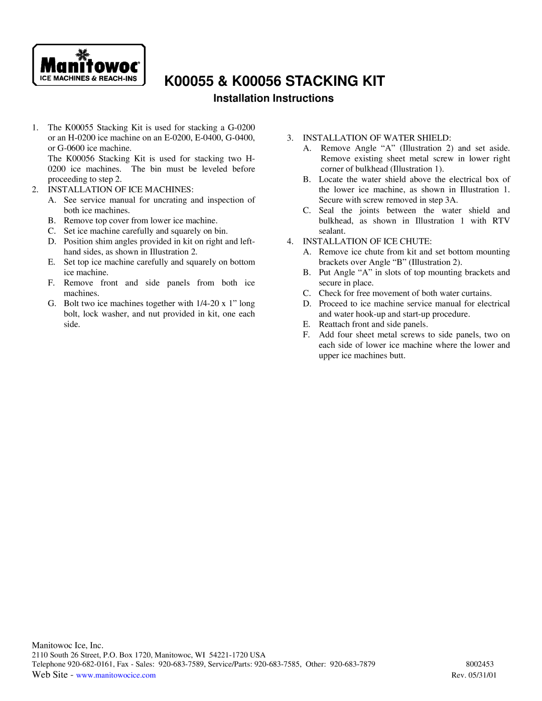 Manitowoc Ice installation instructions K00055 & K00056 Stacking KIT, Installation Instructions 