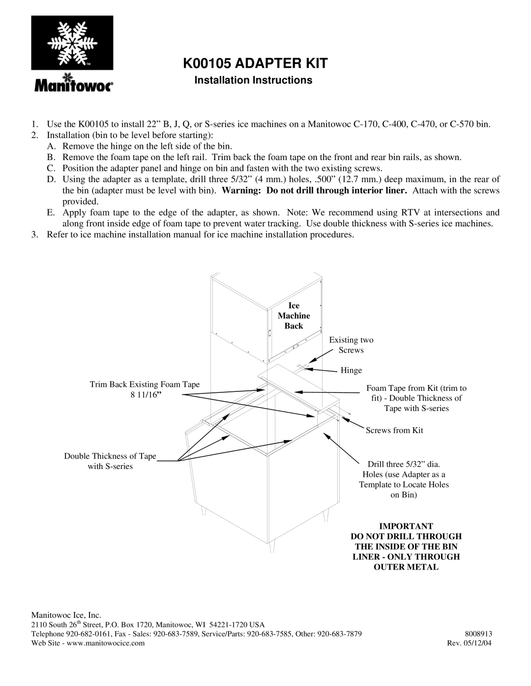 Manitowoc Ice installation instructions K00105 Adapter KIT, Installation Instructions 