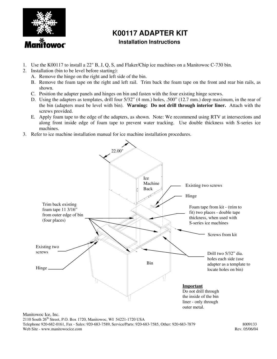 Manitowoc Ice installation instructions K00117 Adapter KIT, Installation Instructions 