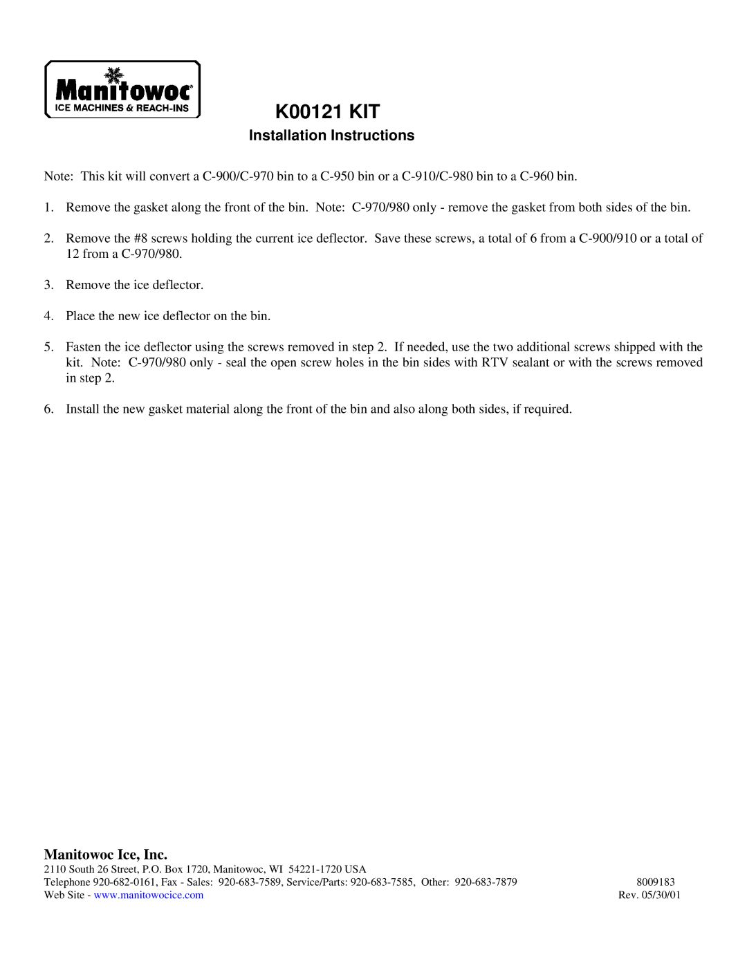 Manitowoc Ice installation instructions K00121 KIT, Installation Instructions, Manitowoc Ice, Inc 