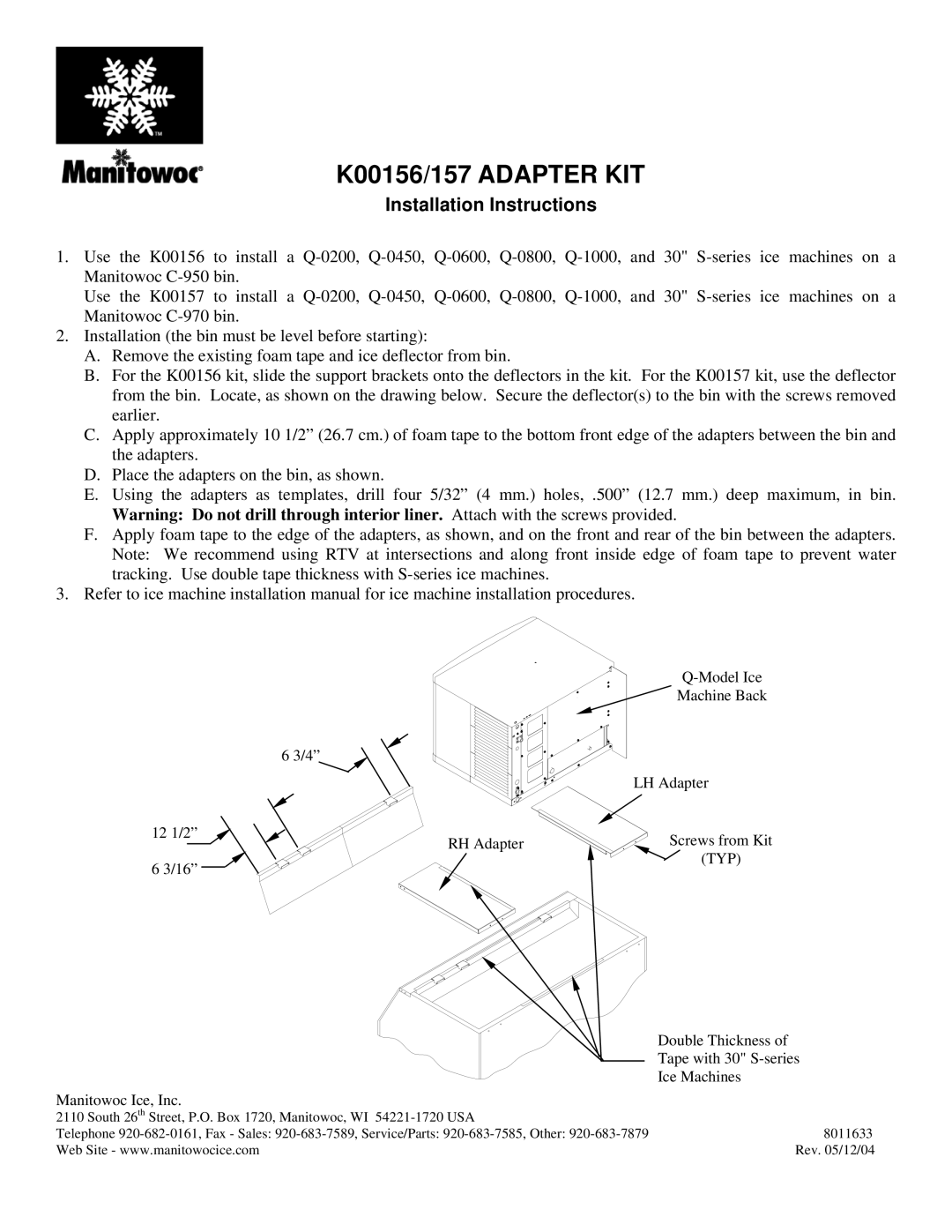 Manitowoc Ice K00157 installation instructions K00156/157 Adapter KIT, Installation Instructions, Typ 