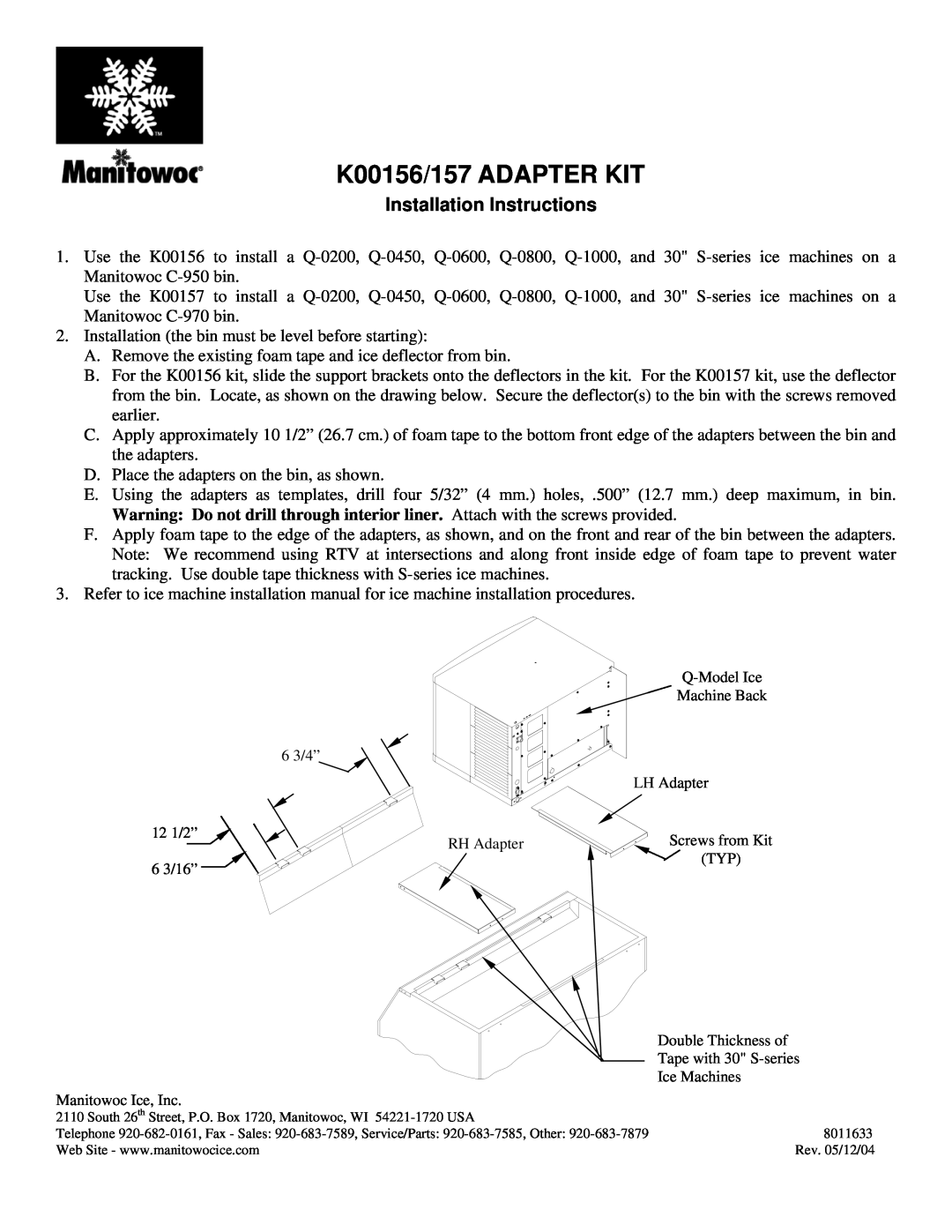 Manitowoc Ice K00157 installation instructions K00156/157 ADAPTER KIT, Installation Instructions 