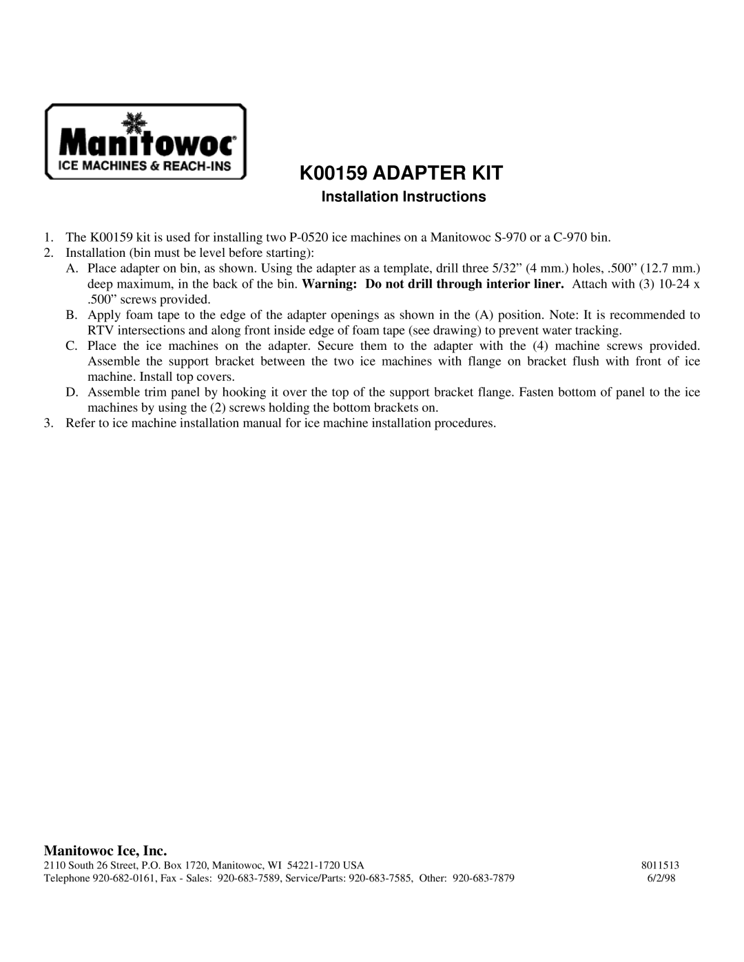 Manitowoc Ice installation instructions K00159 Adapter KIT, Installation Instructions, Manitowoc Ice, Inc 