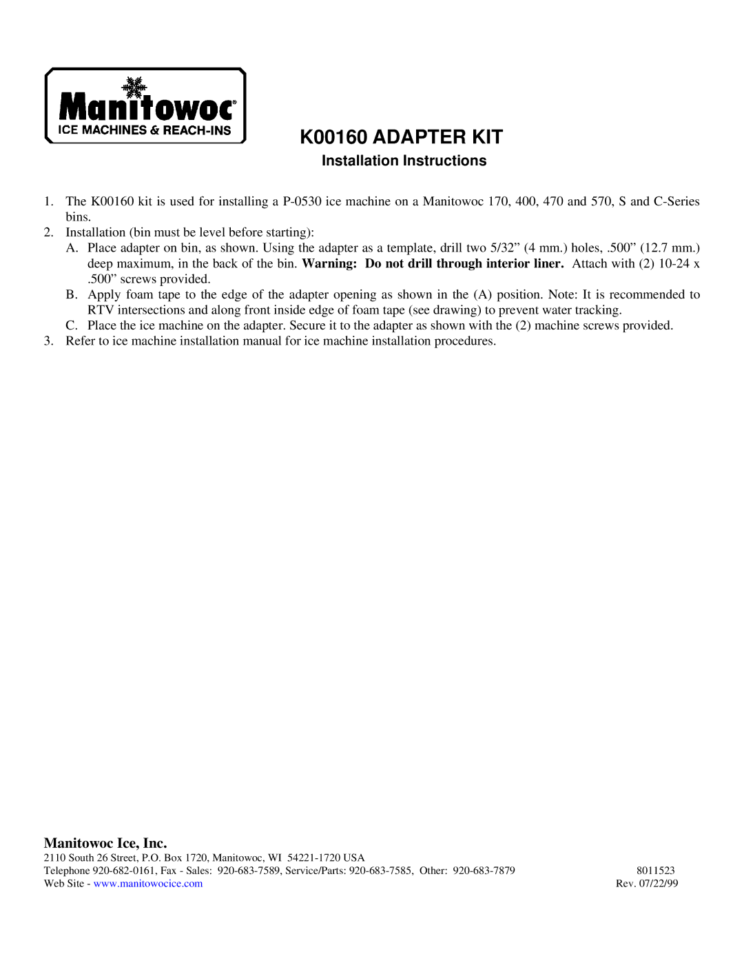 Manitowoc Ice installation instructions K00160 Adapter KIT, Installation Instructions, Manitowoc Ice, Inc 