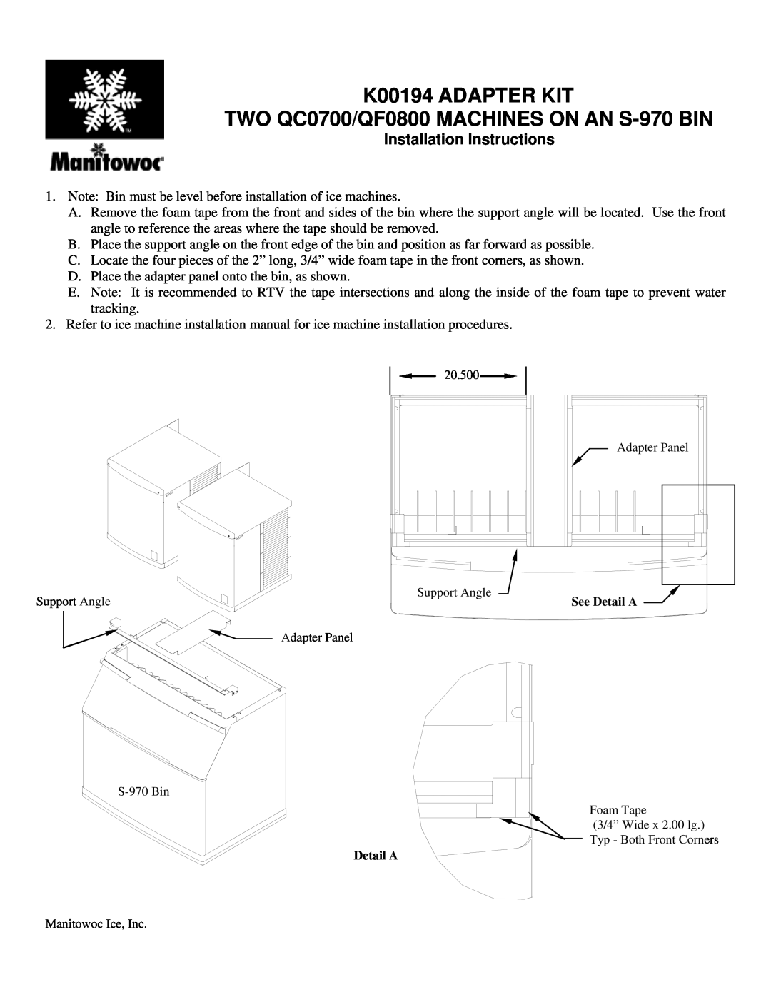 Manitowoc Ice installation instructions K00194 ADAPTER KIT, TWO QC0700/QF0800 MACHINES ON AN S-970BIN 