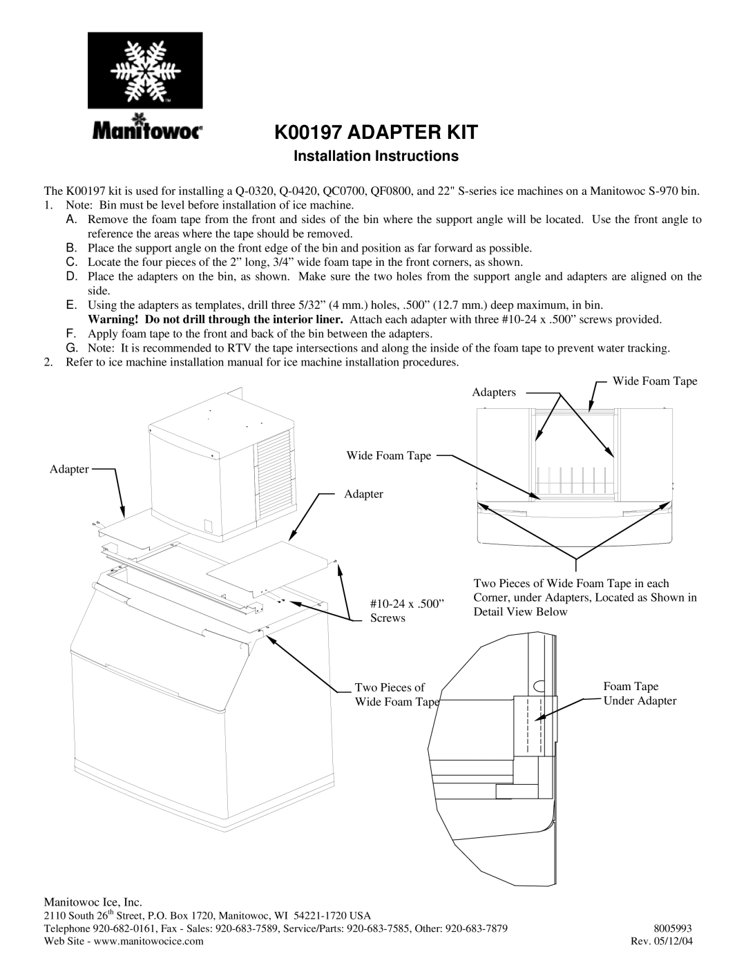 Manitowoc Ice installation instructions K00197 Adapter KIT, Installation Instructions 