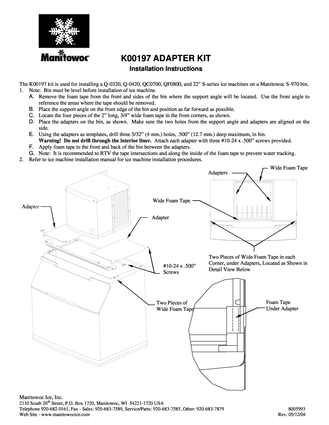 Manitowoc Ice installation instructions K00197 ADAPTER KIT, Installation Instructions 