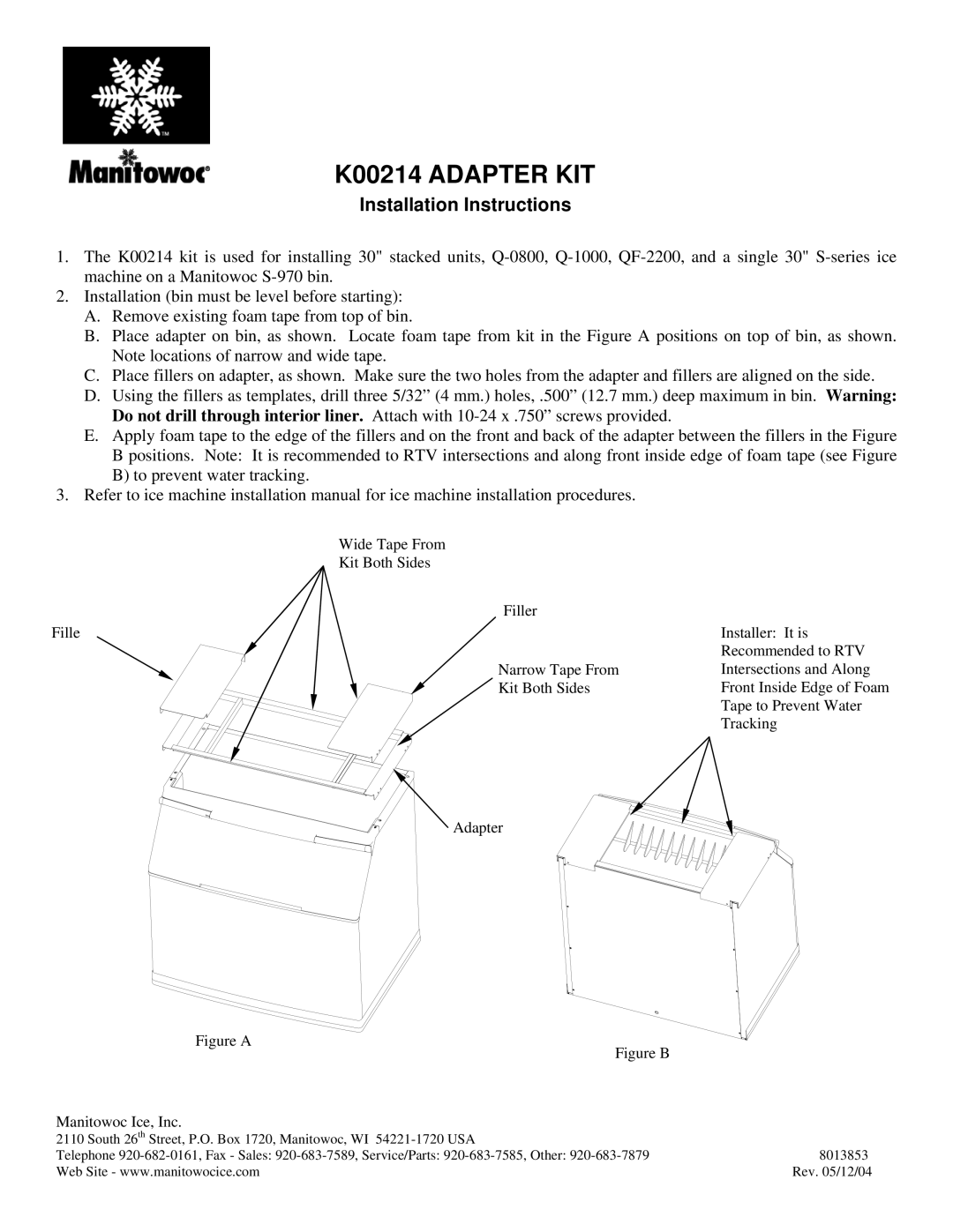 Manitowoc Ice installation instructions K00214 Adapter KIT, Installation Instructions 