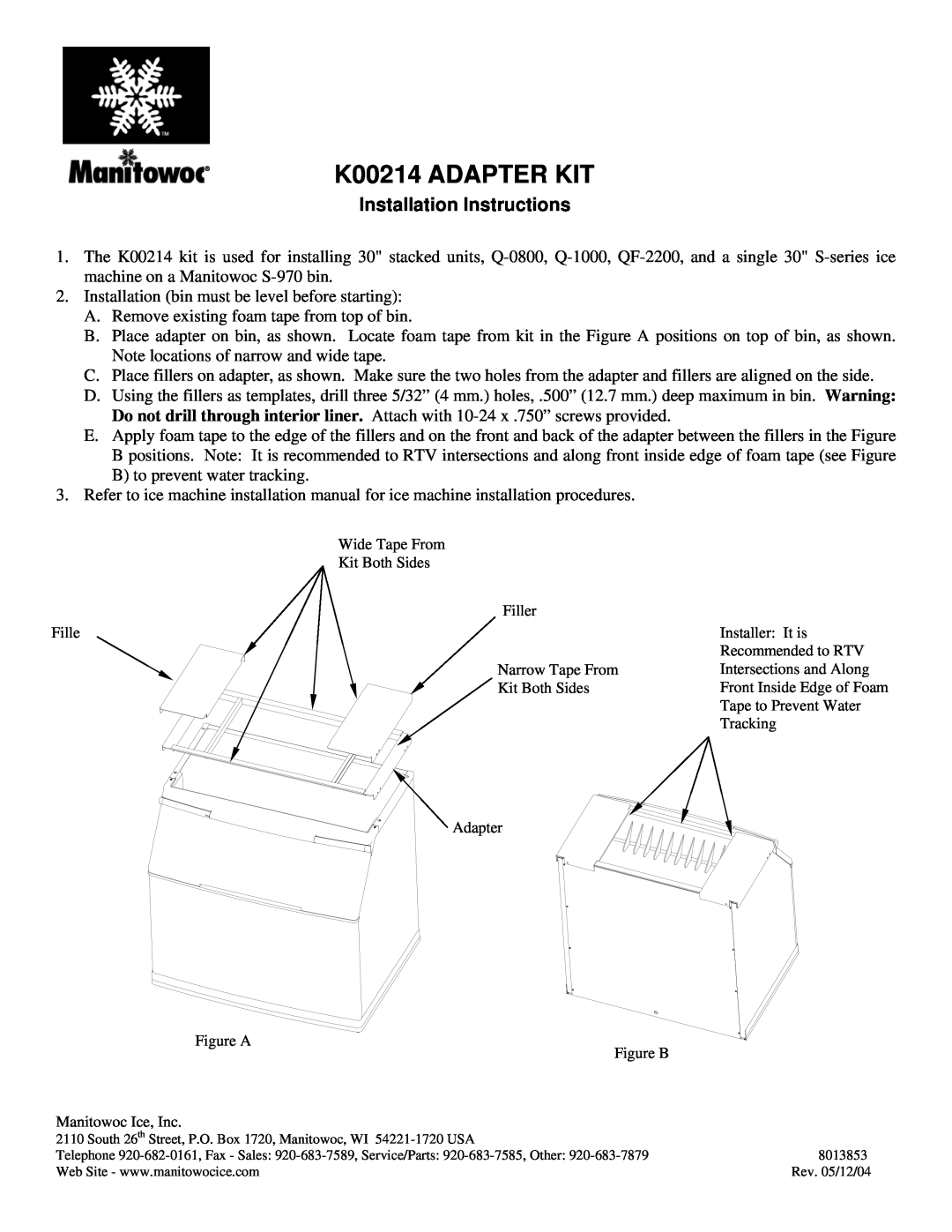 Manitowoc Ice installation instructions K00214 ADAPTER KIT, Installation Instructions 