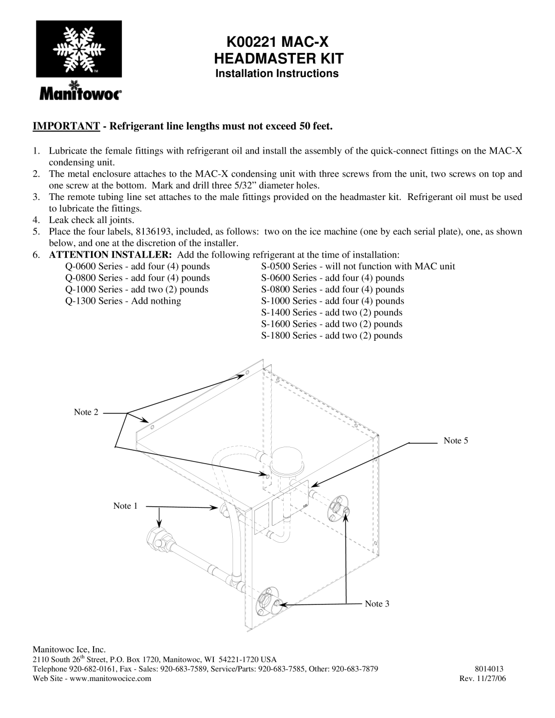 Manitowoc Ice K00221 installation instructions Headmaster KIT, Installation Instructions, Manitowoc Ice, Inc 