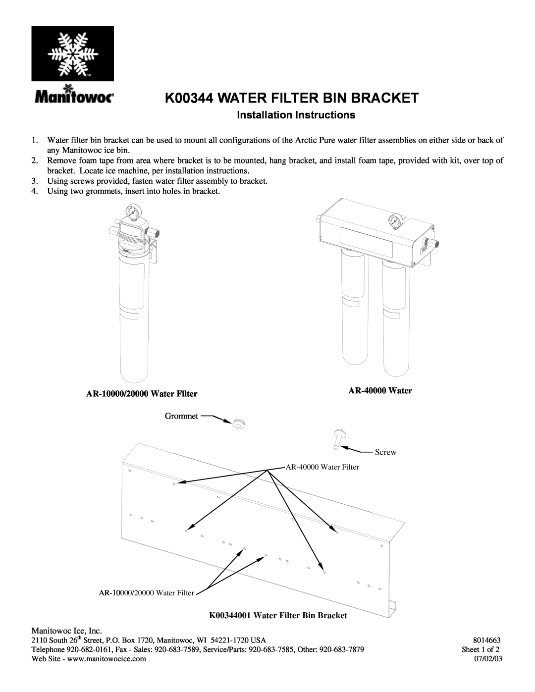 Manitowoc Ice K00344 installation instructions AR-10000/20000 Water Filter, AR-40000 Water, Installation Instructions 