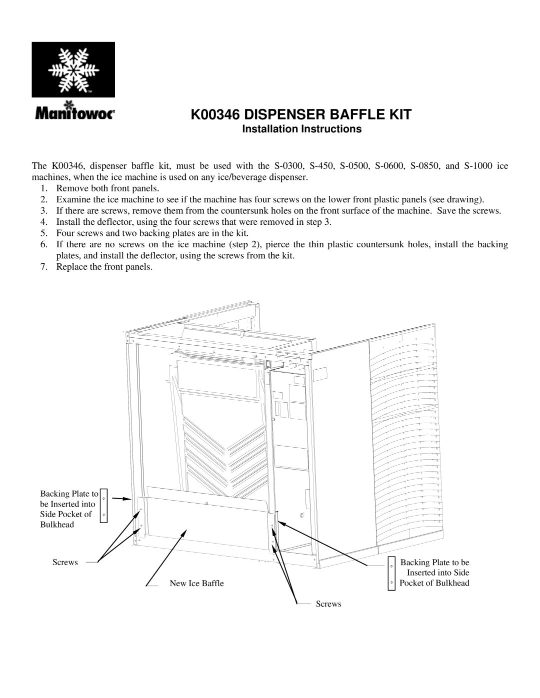 Manitowoc Ice installation instructions K00346 Dispenser Baffle KIT, Installation Instructions 