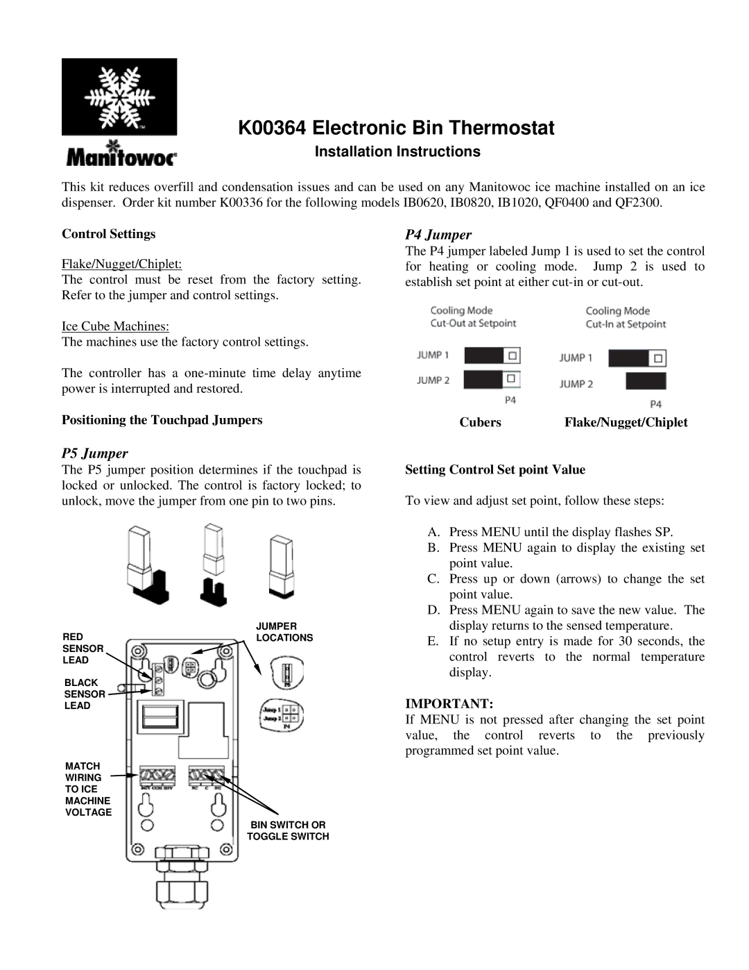 Manitowoc Ice K00364 installation instructions Control Settings, Positioning the Touchpad Jumpers 