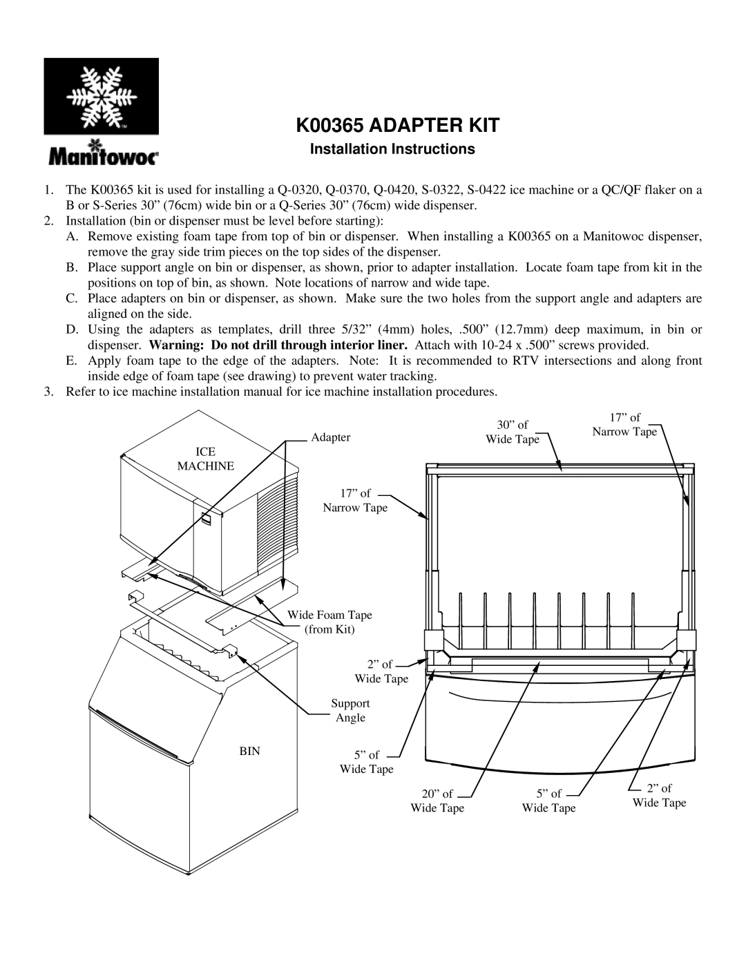 Manitowoc Ice installation instructions K00365 Adapter KIT, Installation Instructions, ICE Machine, Bin 