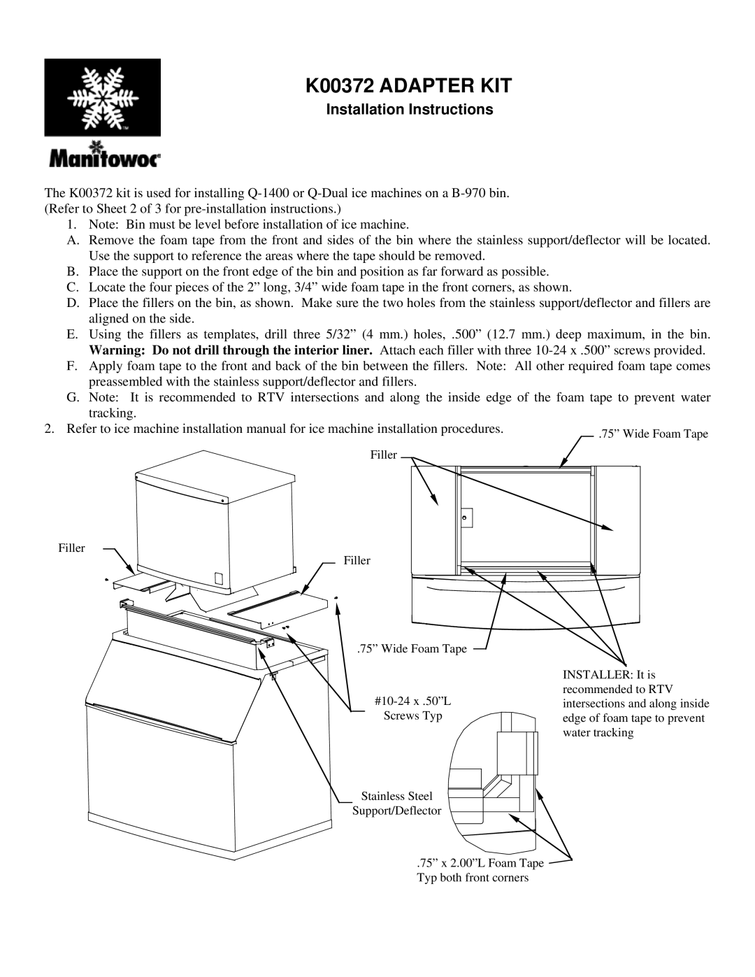 Manitowoc Ice installation instructions K00372 Adapter KIT 