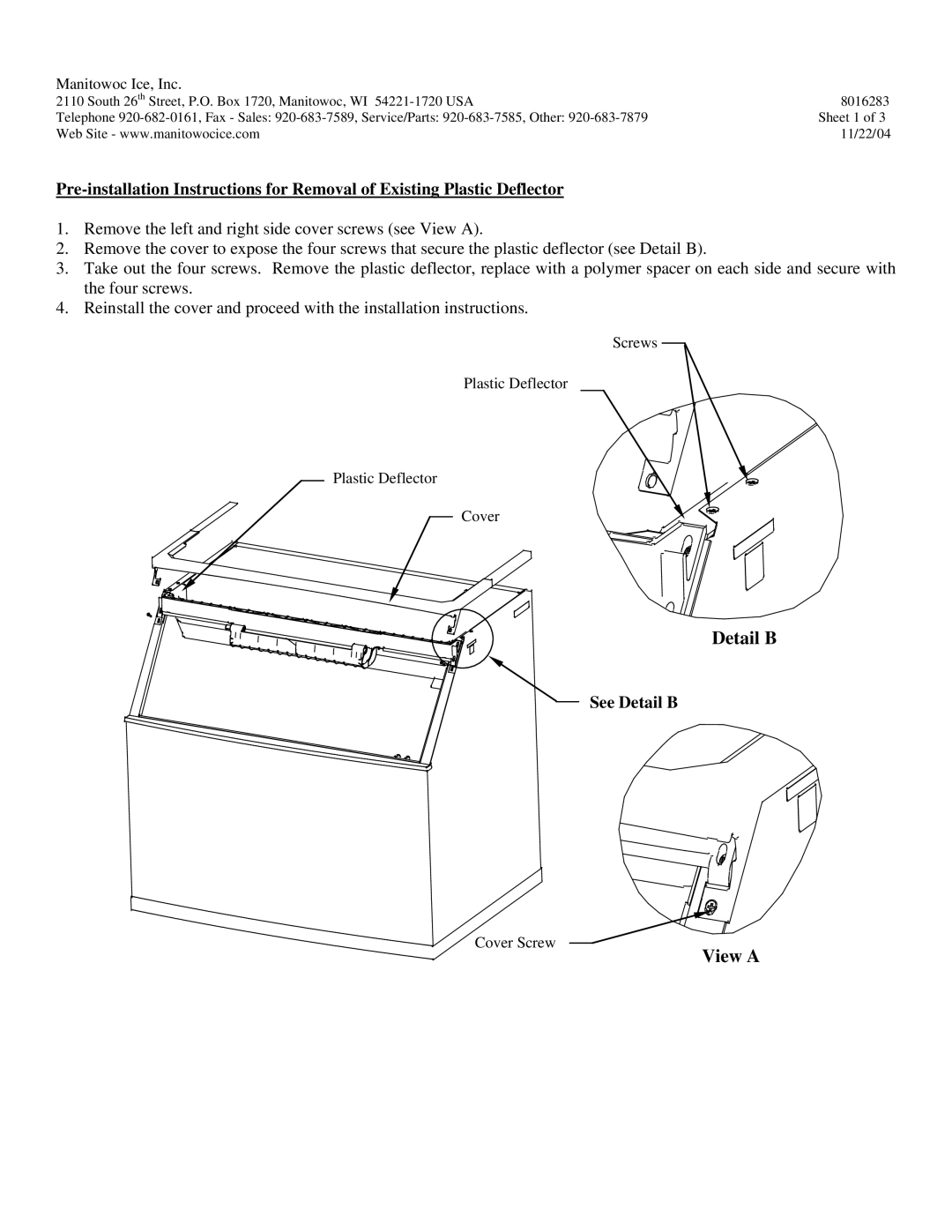 Manitowoc Ice K00372 installation instructions Detail B 