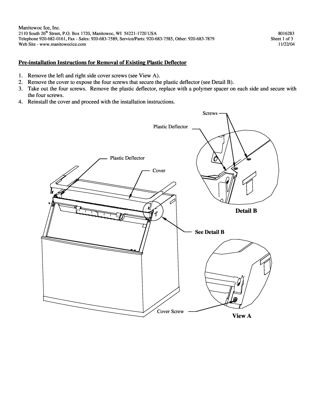Manitowoc Ice K00372 installation instructions See Detail B, View A 