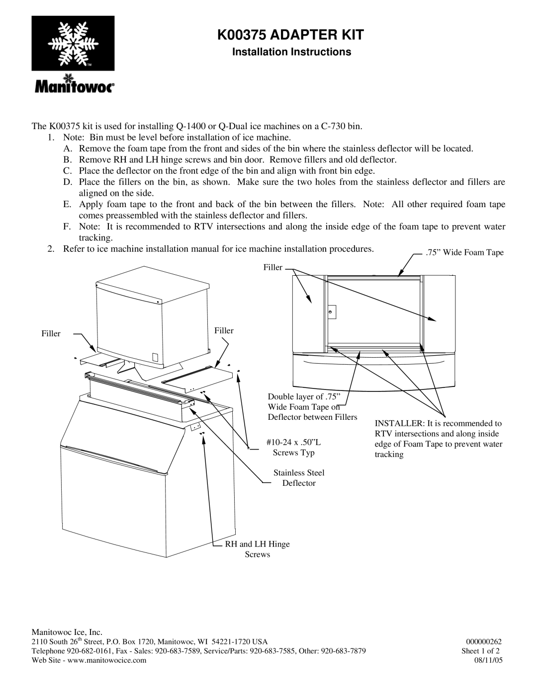 Manitowoc Ice installation instructions K00375 Adapter KIT, Installation Instructions 