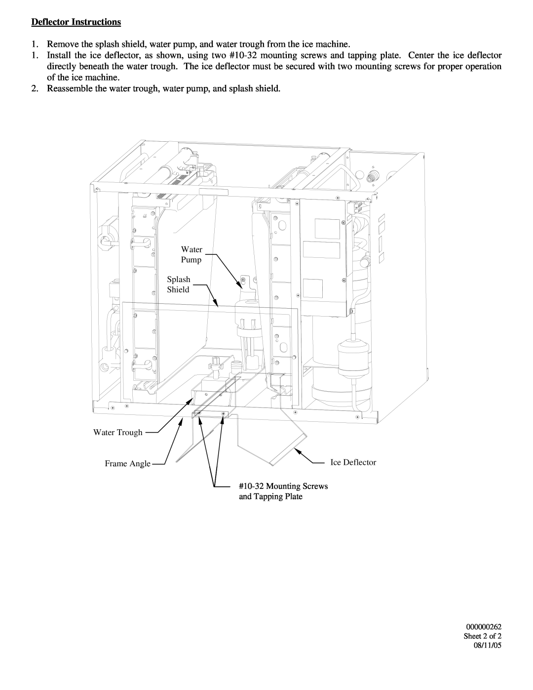Manitowoc Ice K00375 Deflector Instructions, Water Pump Splash Shield Water Trough, Frame Angle, Ice Deflector 