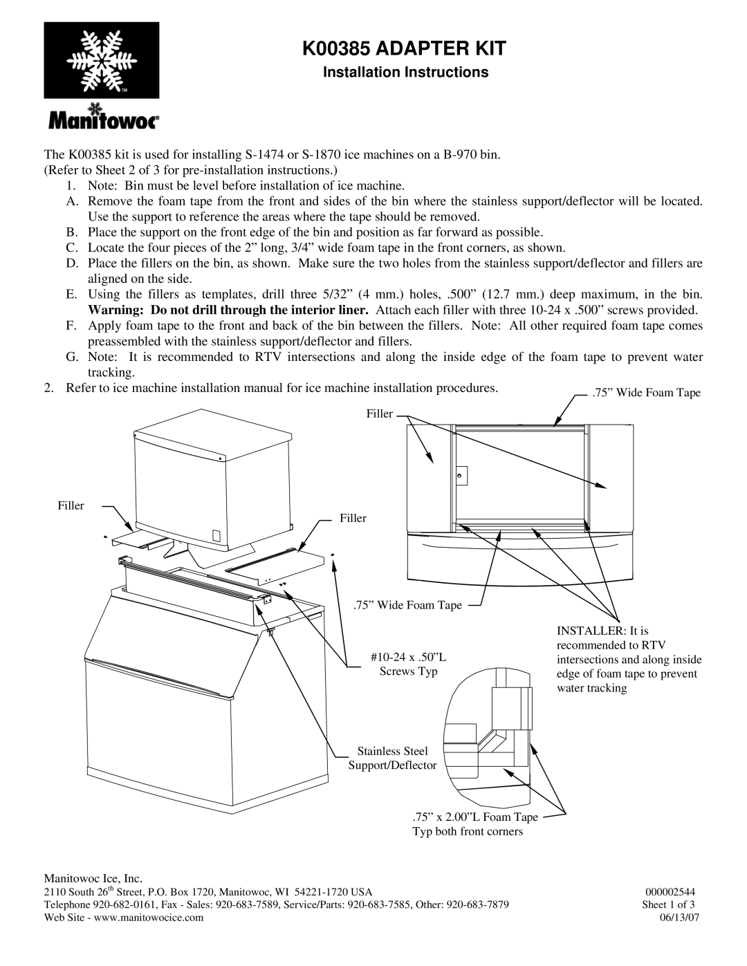 Manitowoc Ice installation instructions K00385 Adapter KIT, Installation Instructions 