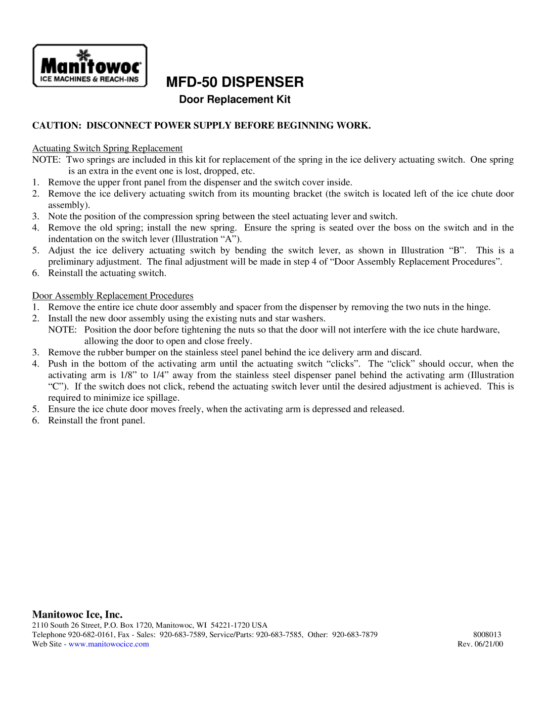 Manitowoc Ice manual MFD-50 Dispenser, Door Replacement Kit, Manitowoc Ice, Inc 