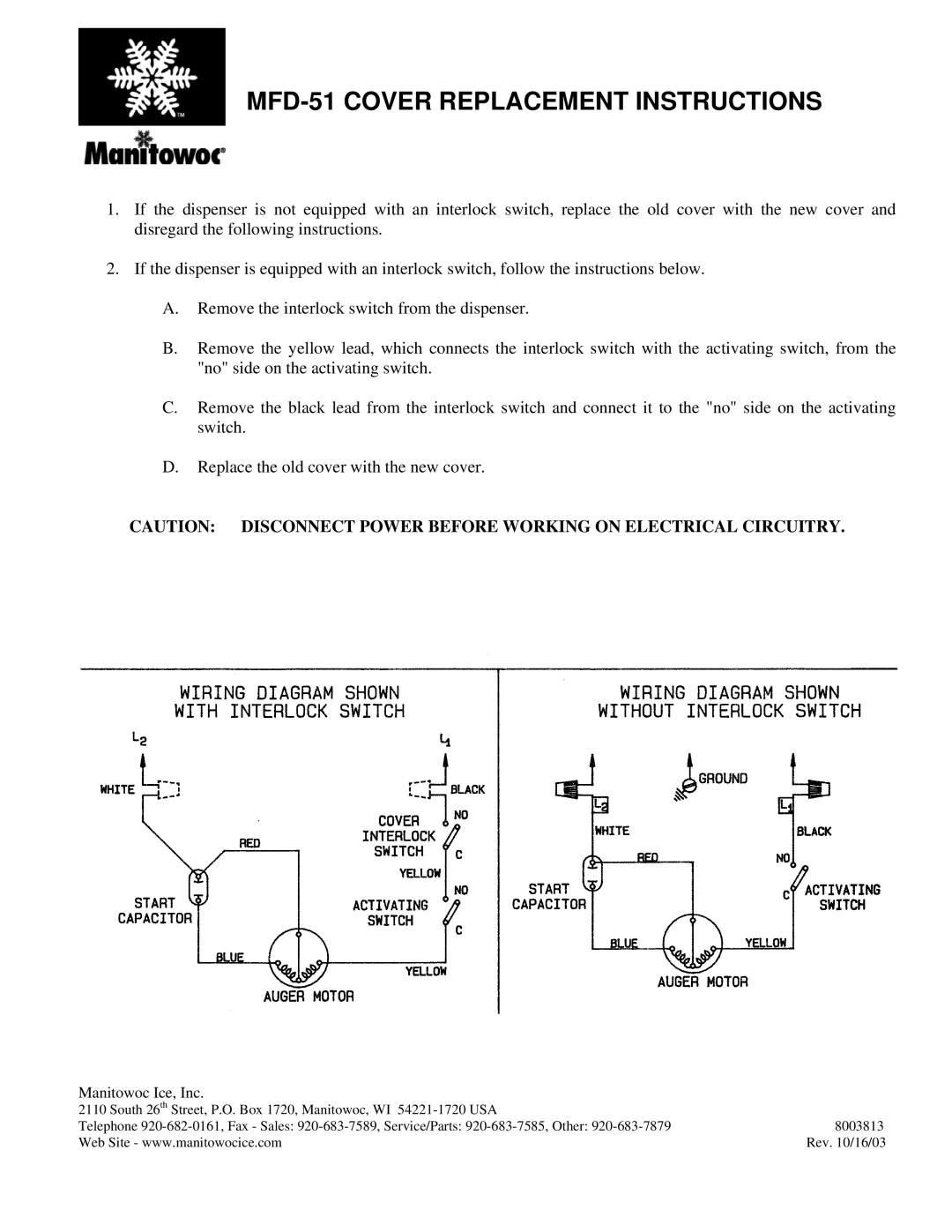 Manitowoc Ice manual MFD-51 Cover Replacement Instructions, Manitowoc Ice, Inc 