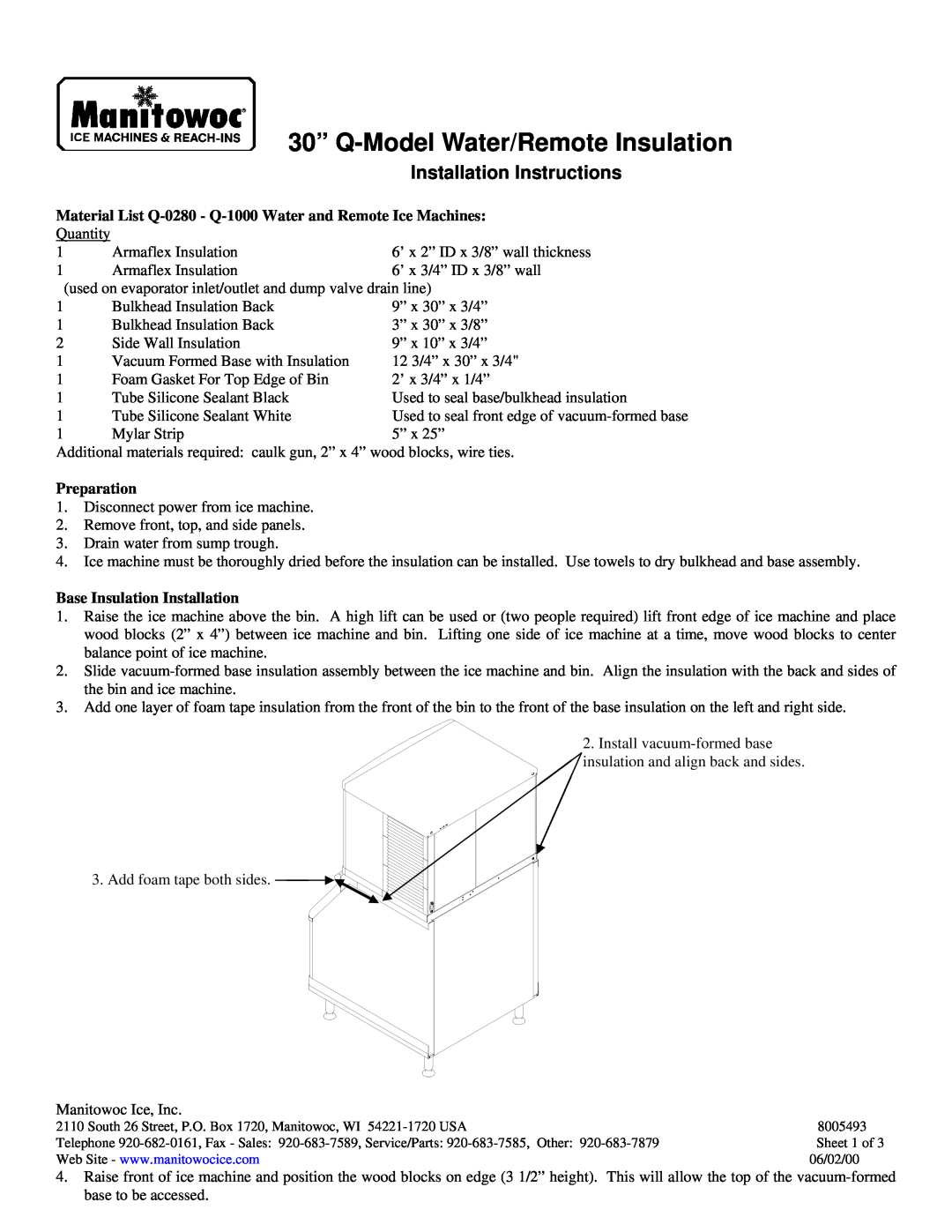 Manitowoc Ice Q-0280 installation instructions Preparation, Base Insulation Installation, Installation Instructions 