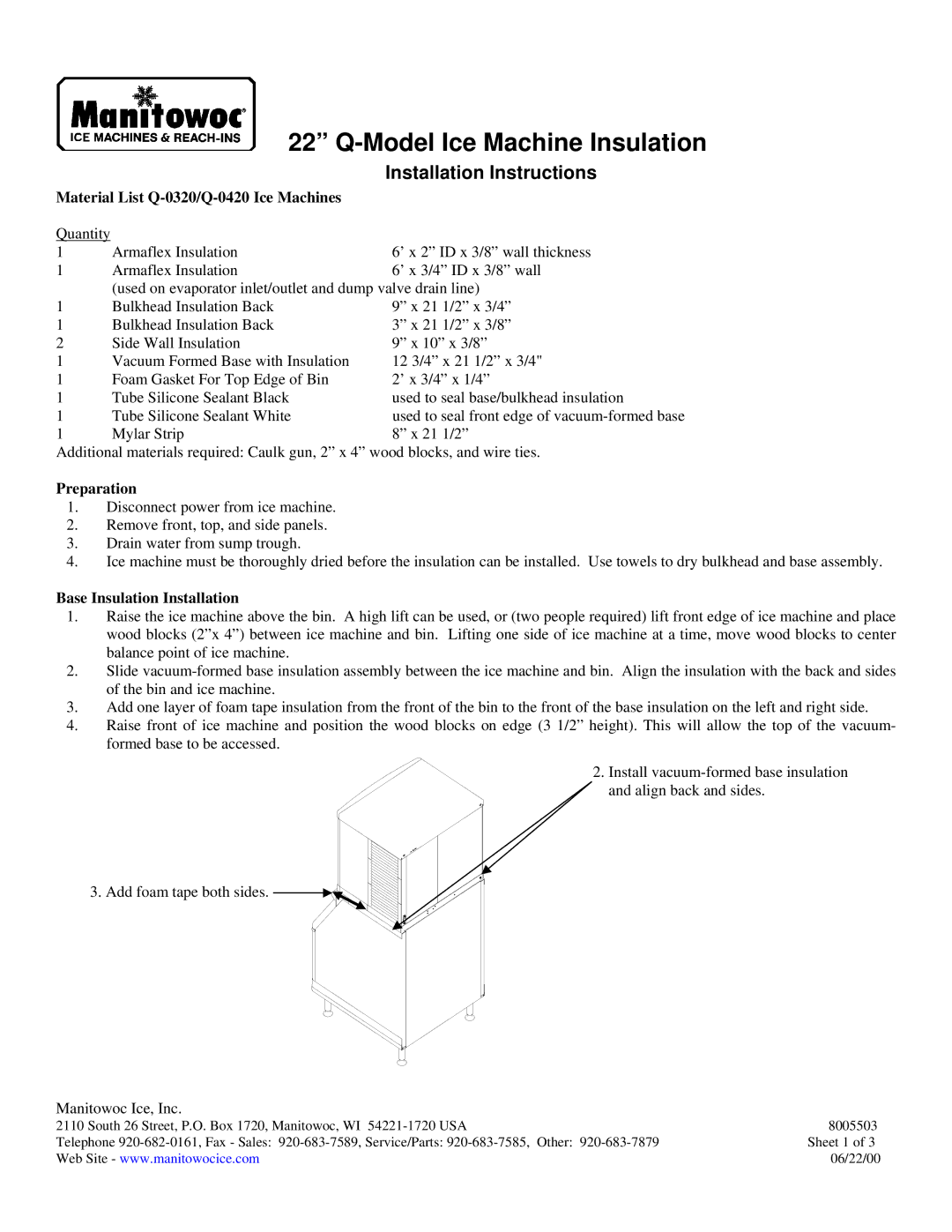 Manitowoc Ice Q-0320 installation instructions Model Ice Machine Insulation, Installation Instructions, Preparation 