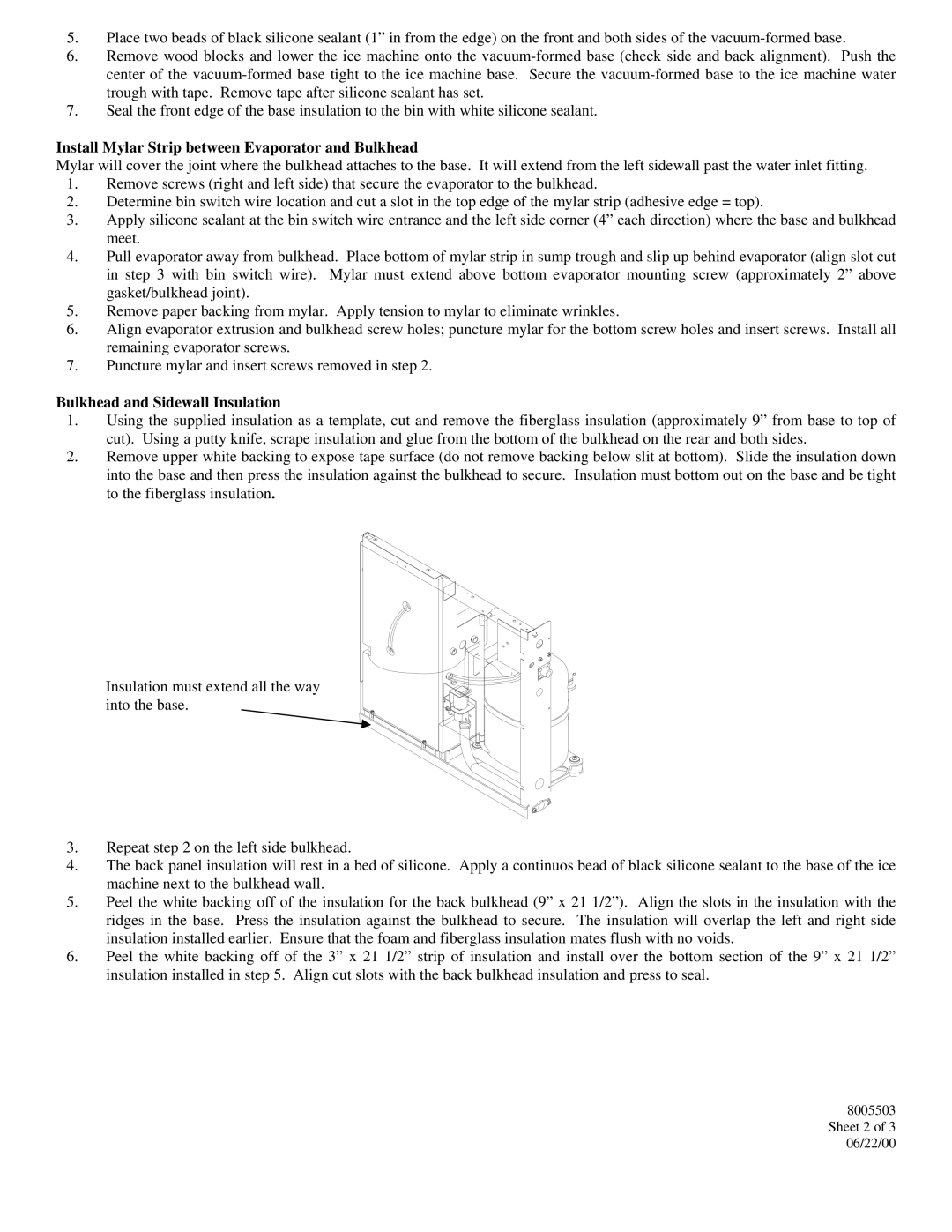 Manitowoc Ice Q-0420, Q-0320 Install Mylar Strip between Evaporator and Bulkhead, Bulkhead and Sidewall Insulation 