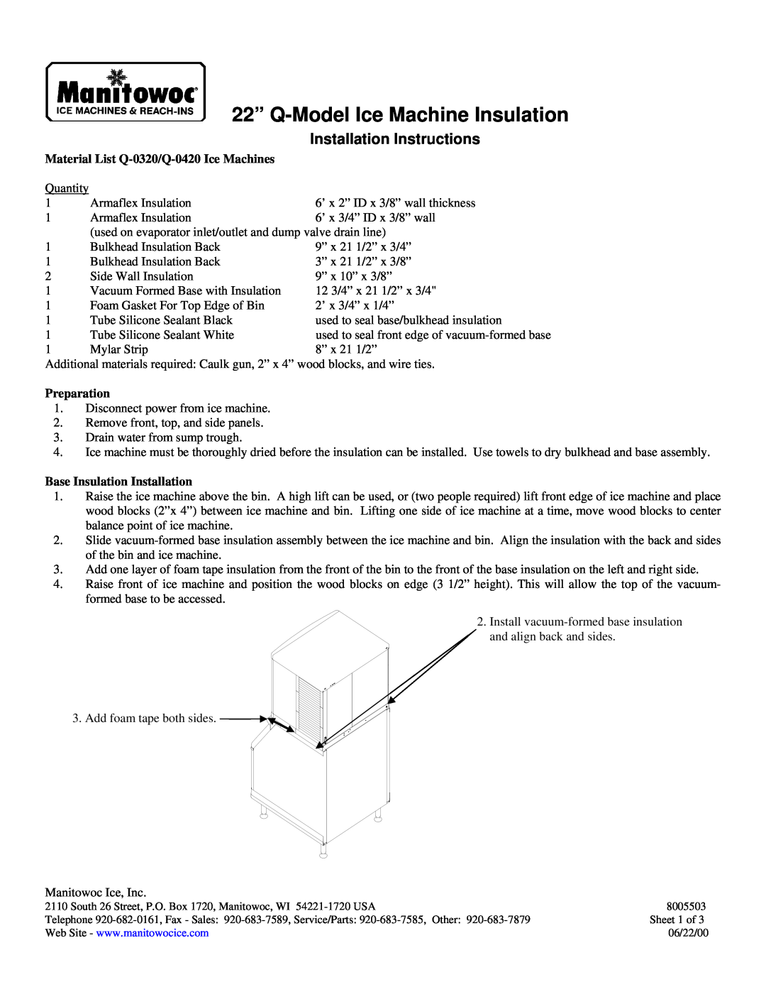 Manitowoc Ice installation instructions Material List Q-0320/Q-0420Ice Machines, Preparation, Installation Instructions 