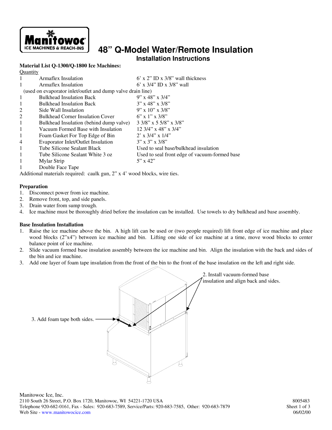 Manitowoc Ice Q-1300 installation instructions Model Water/Remote Insulation, Installation Instructions, Preparation 