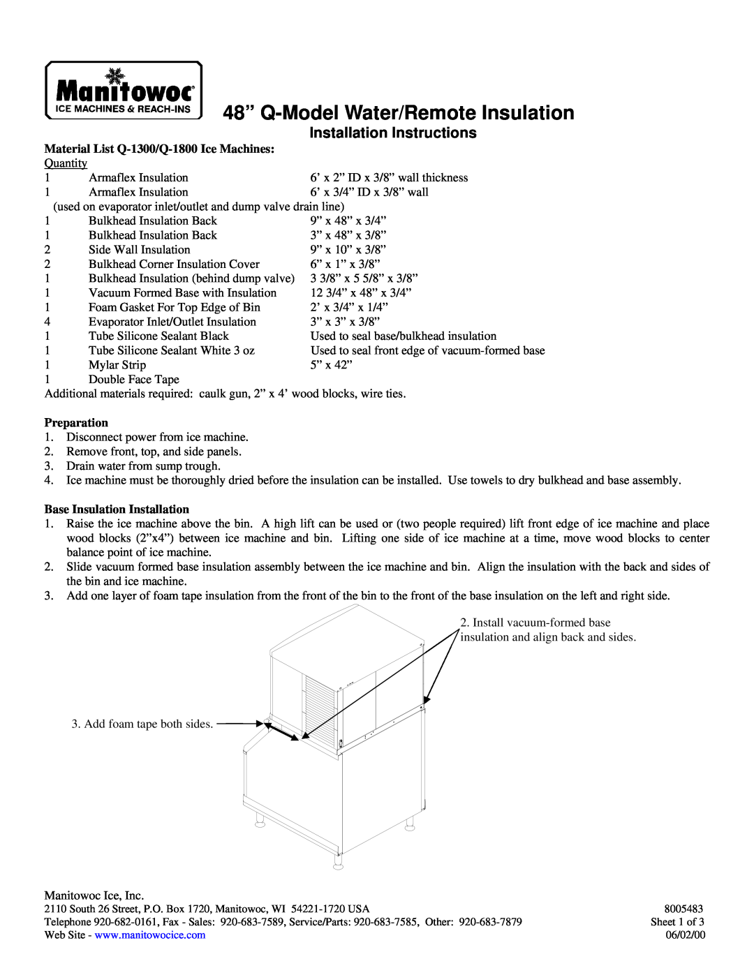 Manitowoc Ice installation instructions Material List Q-1300/Q-1800 Ice Machines, Preparation 