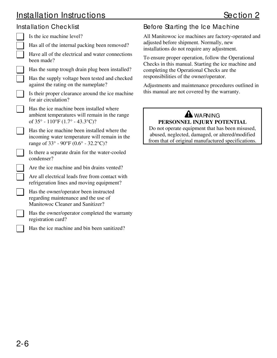 Manitowoc Ice Q 1800 manual Installation Checklist, Before Starting the Ice Machine, Personnel Injury Potential 