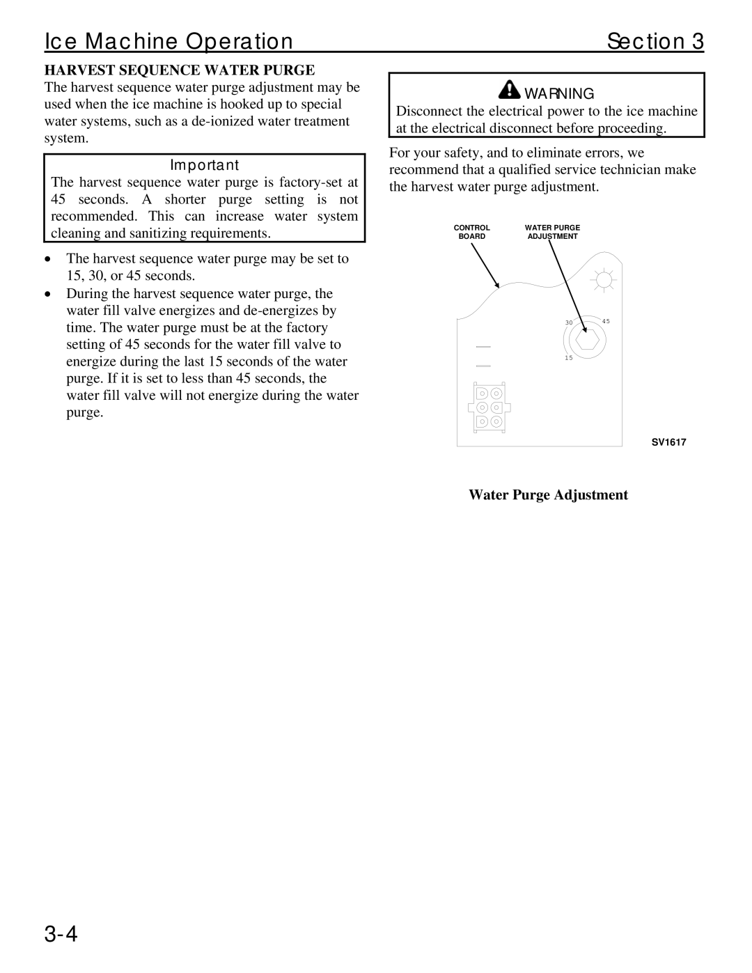 Manitowoc Ice Q 1800 manual Harvest Sequence Water Purge, Water Purge Adjustment 