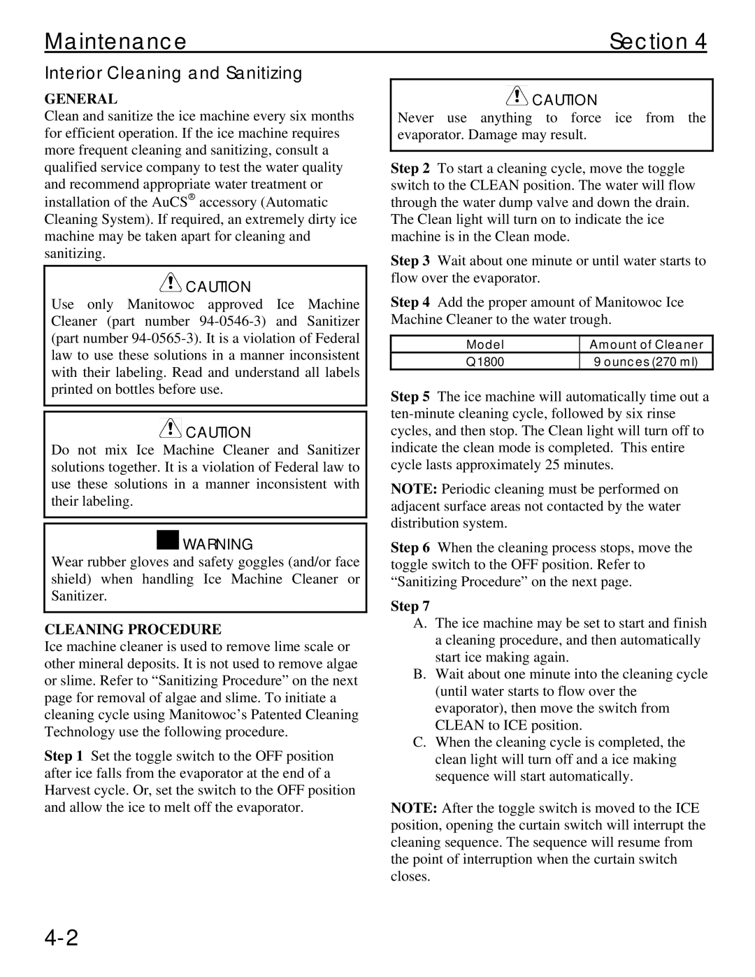 Manitowoc Ice Q 1800 manual Maintenance Section, Interior Cleaning and Sanitizing, Cleaning Procedure, Step 