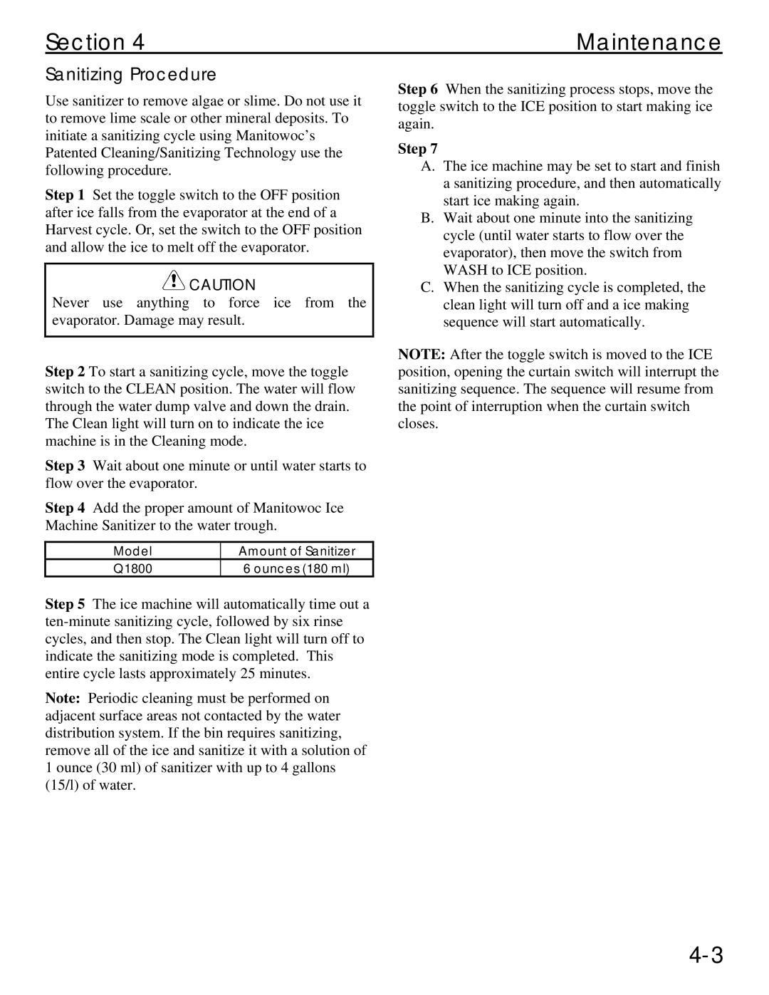 Manitowoc Ice Q 1800 manual Sanitizing Procedure 