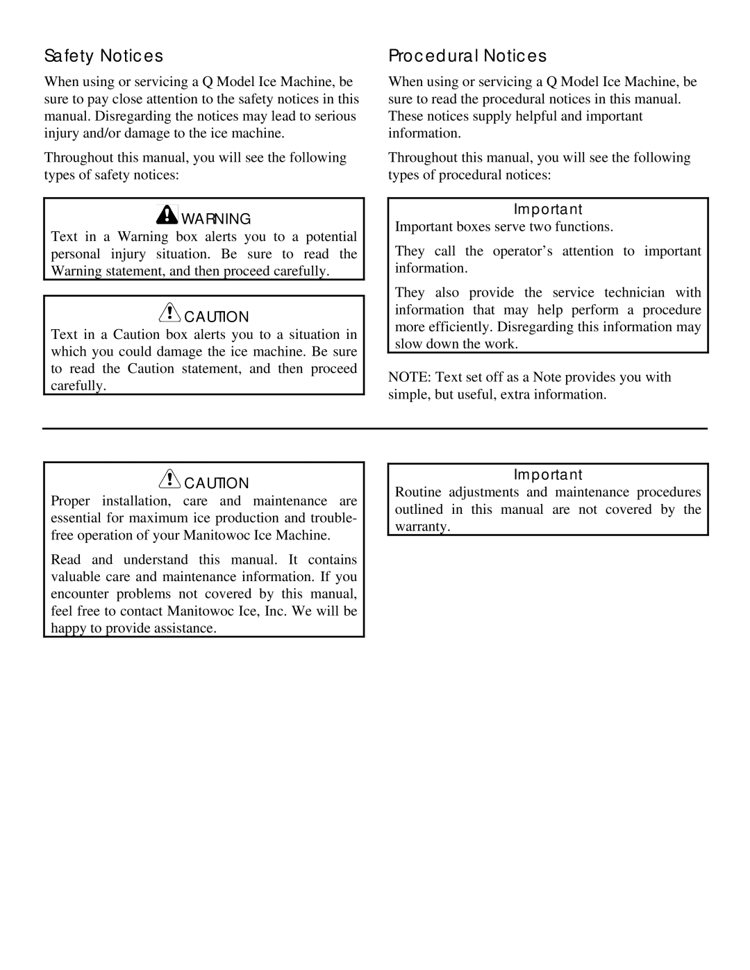 Manitowoc Ice Q 1800 manual Safety Notices, Procedural Notices 