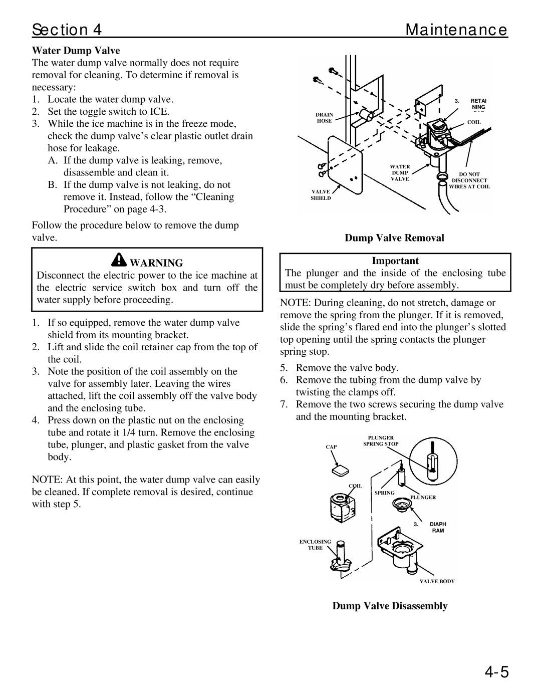 Manitowoc Ice Q 1800 manual Water Dump Valve, Dump Valve Removal, Dump Valve Disassembly 