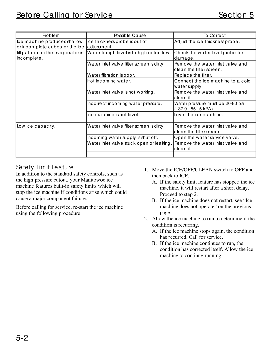 Manitowoc Ice Q 1800 manual Before Calling for Service Section, Safety Limit Feature 