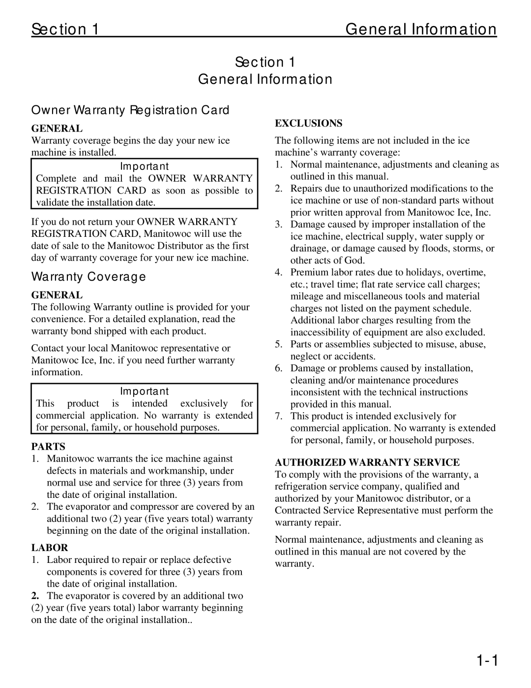 Manitowoc Ice Q 1800 manual Section General Information, Owner Warranty Registration Card, Warranty Coverage 