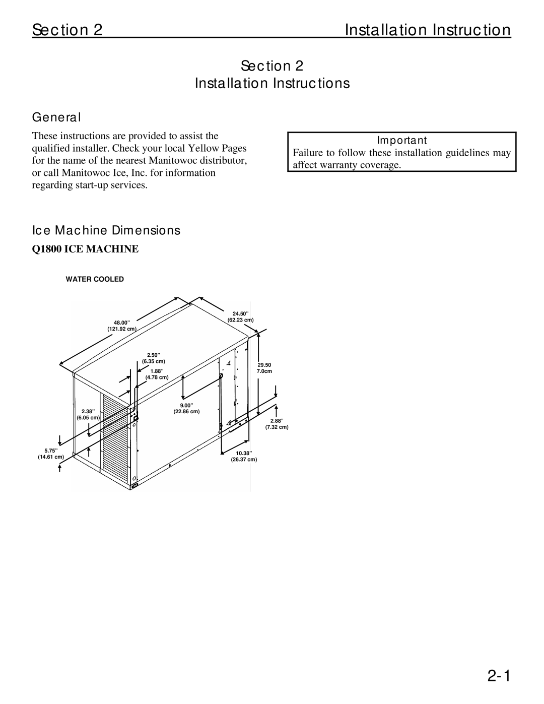 Manitowoc Ice Q 1800 manual Section Installation Instructions, General, Ice Machine Dimensions, Q1800 ICE Machine 